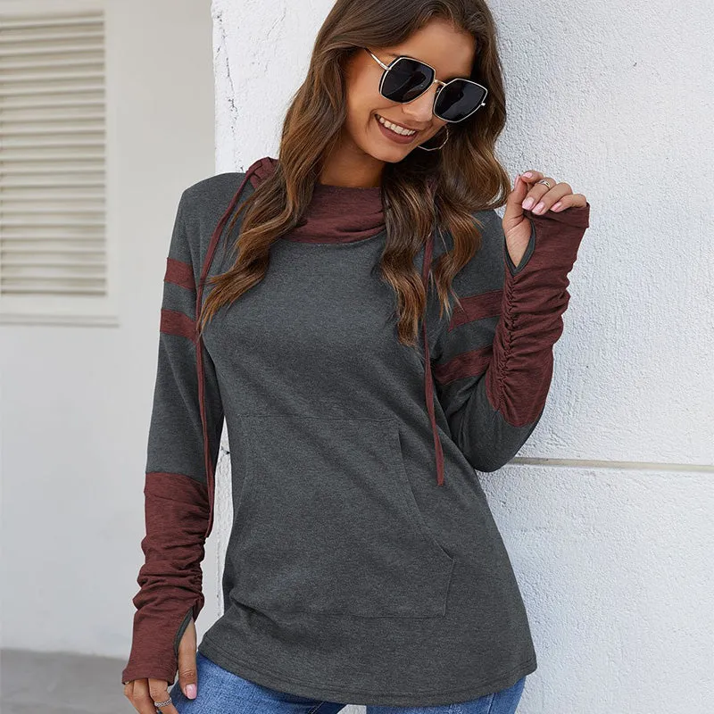 Pullover Drawstring Patchwork Slim Long Hoodie
