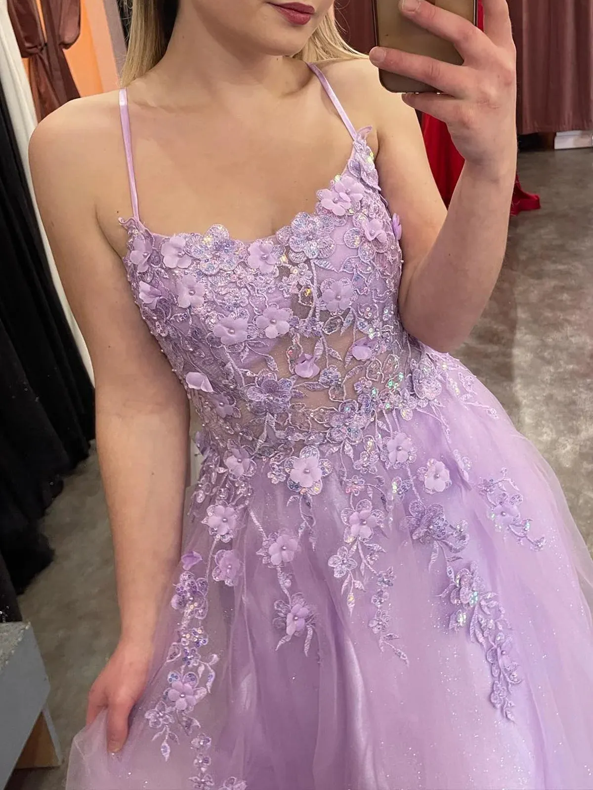 Purple Lilac Appliques Lace Prom Dresses, Purple Lilac Appliques Lace Long Formal Evening Dresses