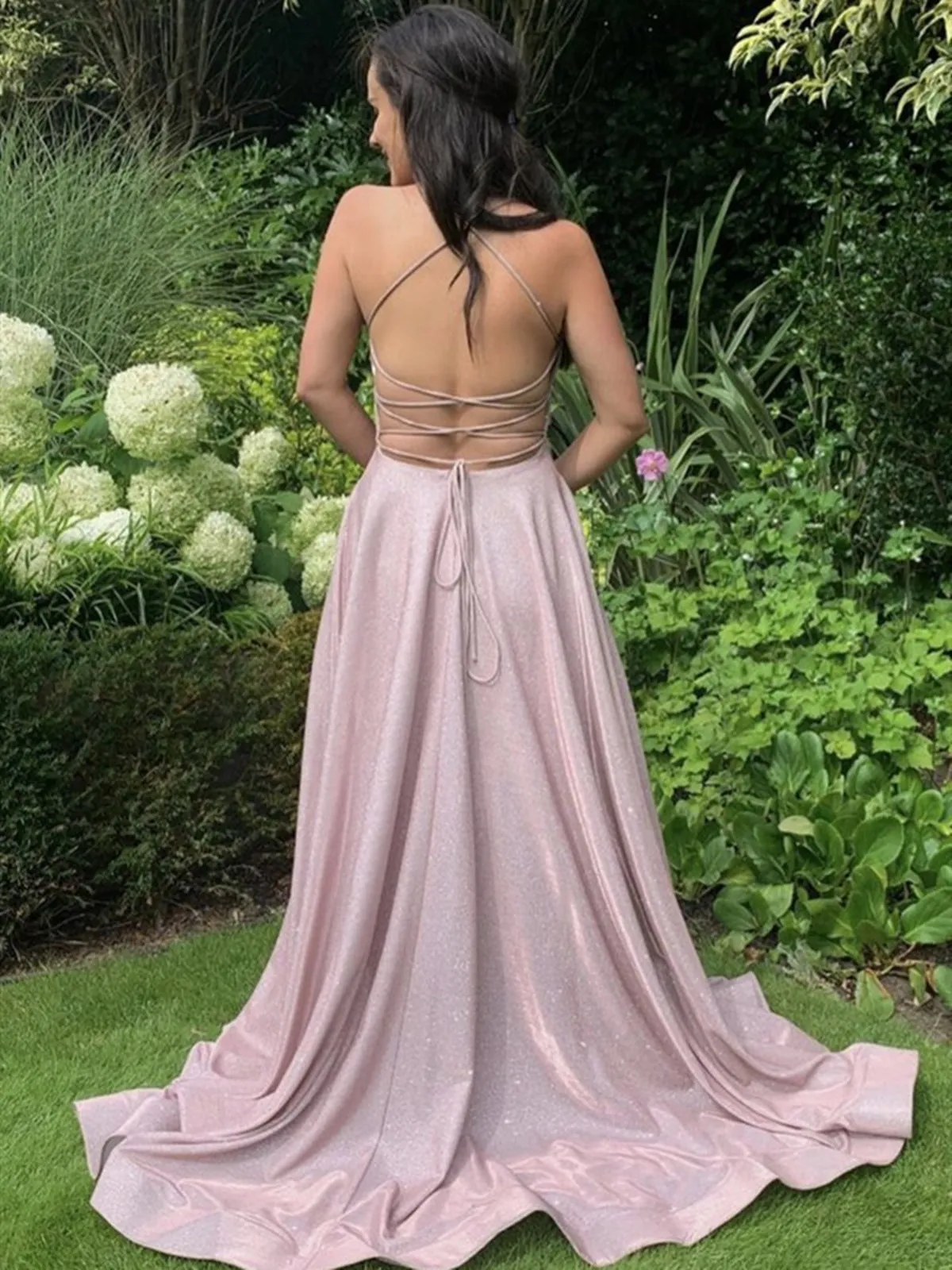 Shiny Pink Purple Backless Prom Dresses, Open Back Long Formal Evening Dresses