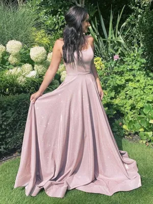 Shiny Pink Purple Backless Prom Dresses, Open Back Long Formal Evening Dresses