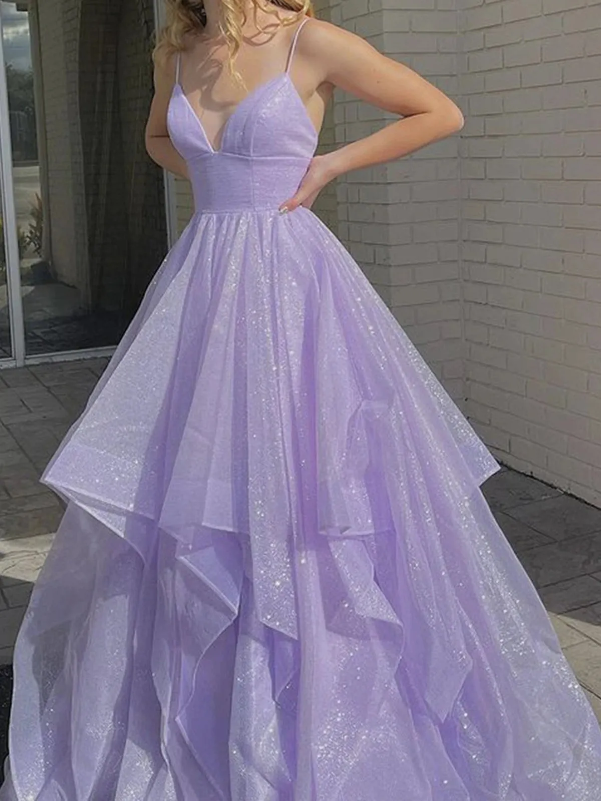 Shiny V Neck Purple Long Prom Dresses, Purple Long Formal Evening Dresses