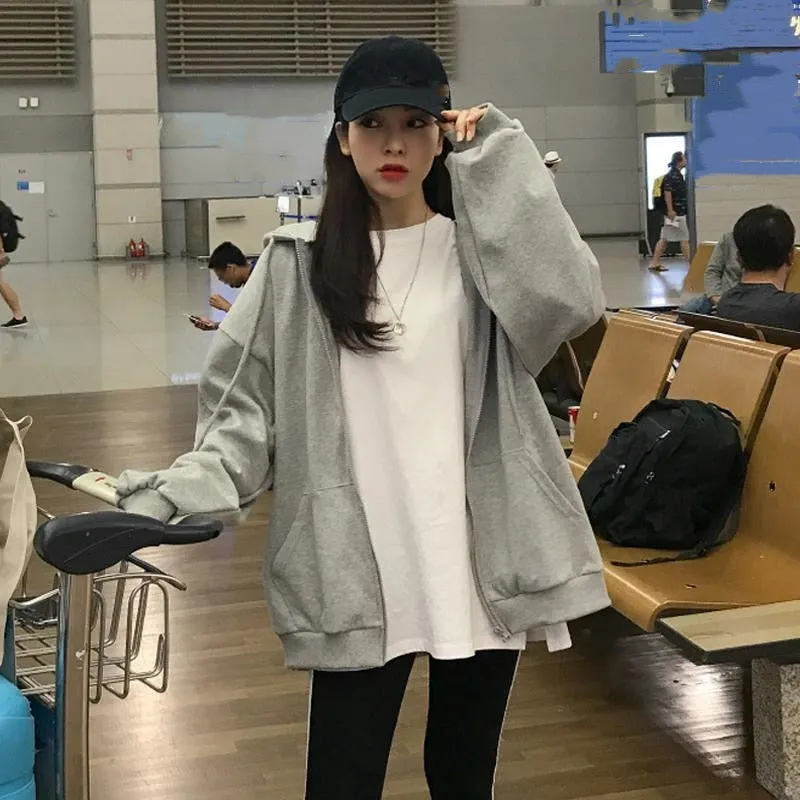 Solid Color Zip Up Oversized Hoodies