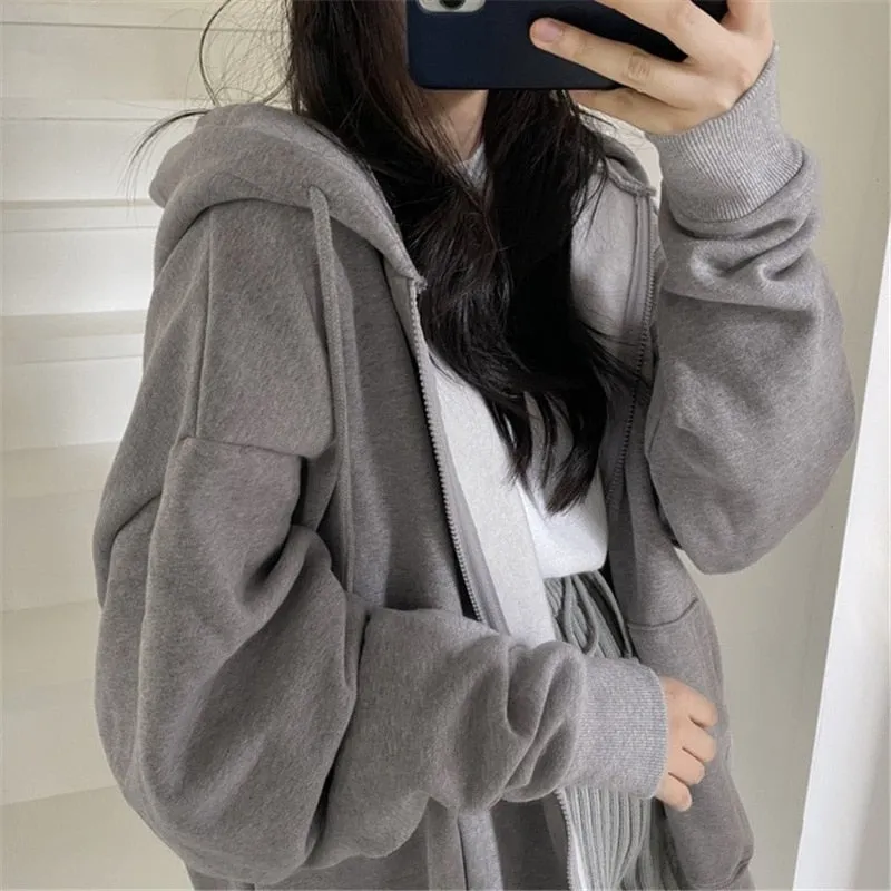 Solid Color Zip Up Oversized Hoodies