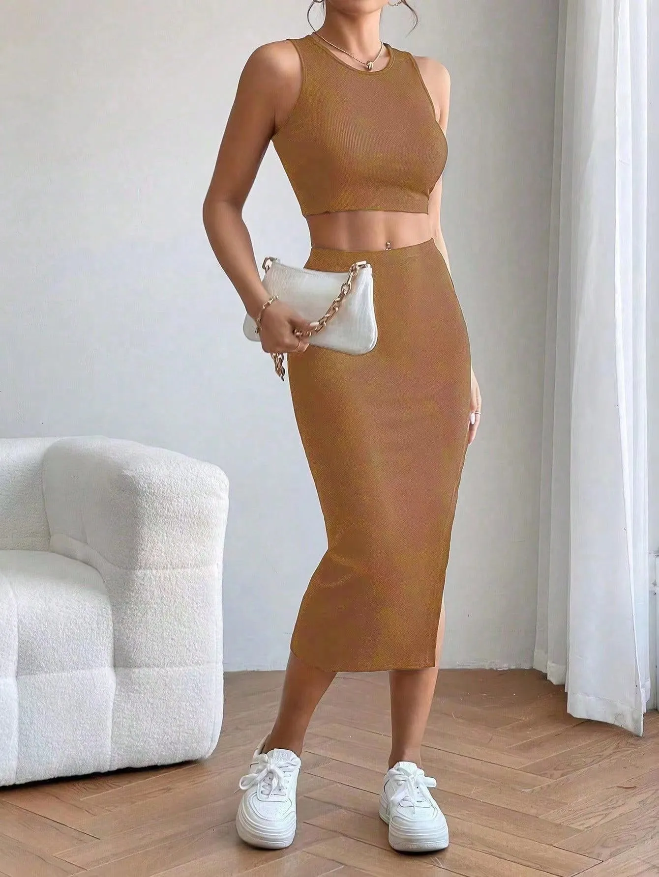Solid Crop Tank Top & Split Thigh Skirt SS24
