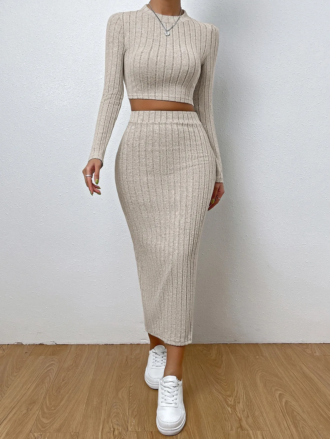 Solid Ribbed Knit Crop Tee & Split Thigh Skirt SS23 - FD
