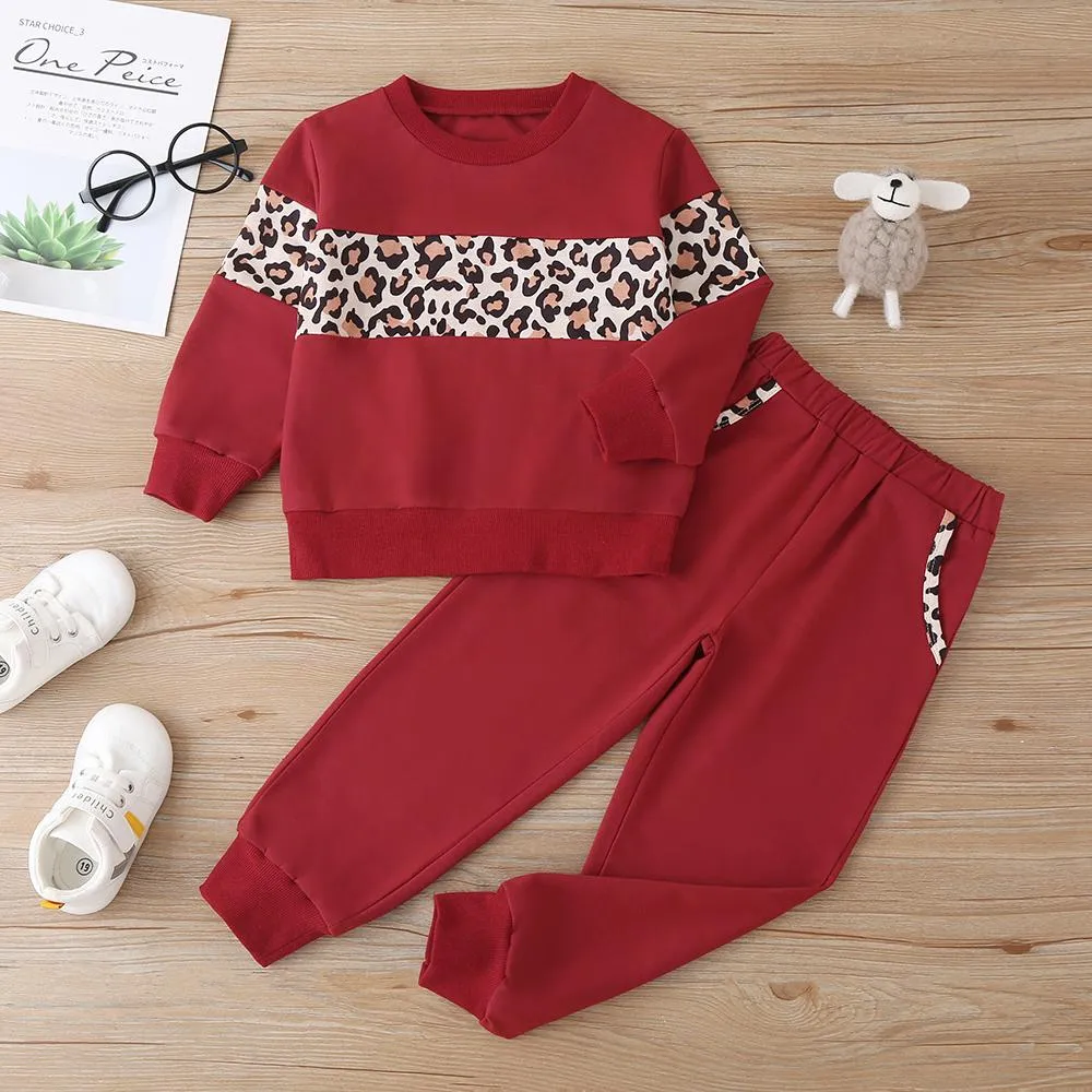 Unisex Long Sleeve Leopard Casual Top & Pants Children Clothes Wholesale