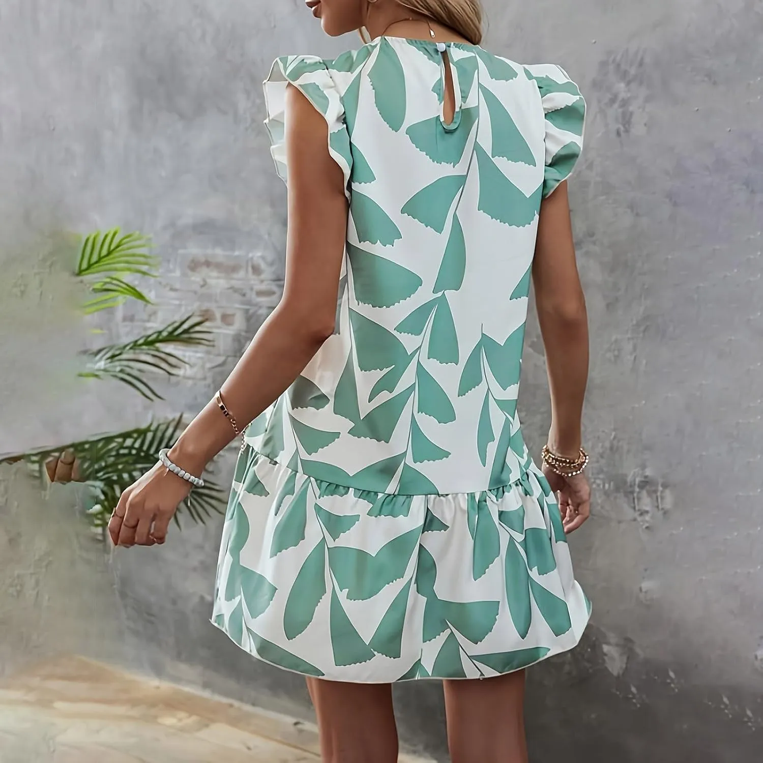 Women 2024 Summer Floral Dresses Flutter Sleeve Ruffle Loose Casual Mini Sundress Outdoor Elegant Beach Vacation Dress