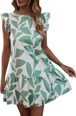 Women 2024 Summer Floral Dresses Flutter Sleeve Ruffle Loose Casual Mini Sundress Outdoor Elegant Beach Vacation Dress