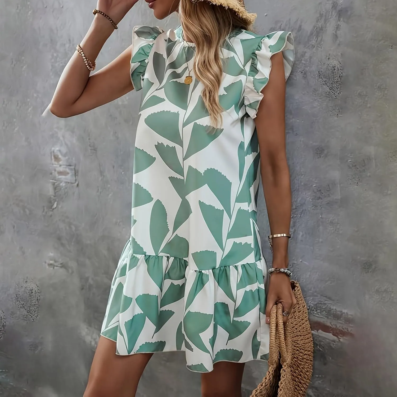 Women 2024 Summer Floral Dresses Flutter Sleeve Ruffle Loose Casual Mini Sundress Outdoor Elegant Beach Vacation Dress