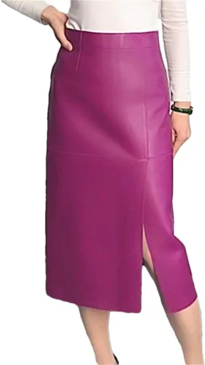 Women Leather Sexy Split Midi Skirt Wrapped Slim Fit Long Skirt Asymmetrical Hem Leather Skirt