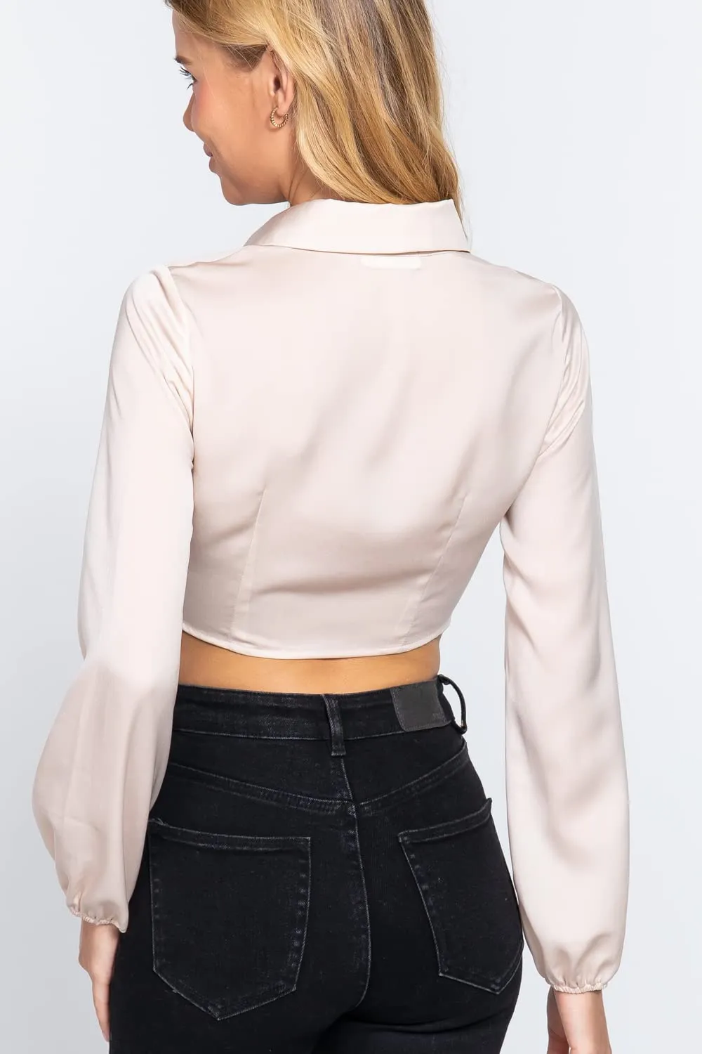Women's Long Sleeve Notched Collar Front Twisted Crop Woven Top