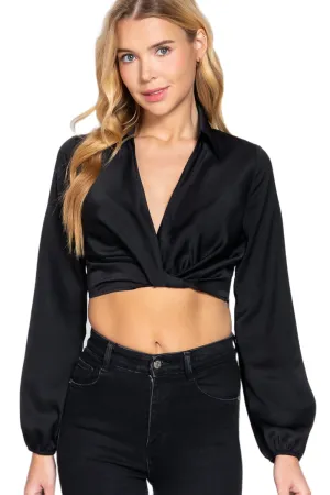 Women's Long Sleeve Notched Collar Front Twisted Crop Woven Top