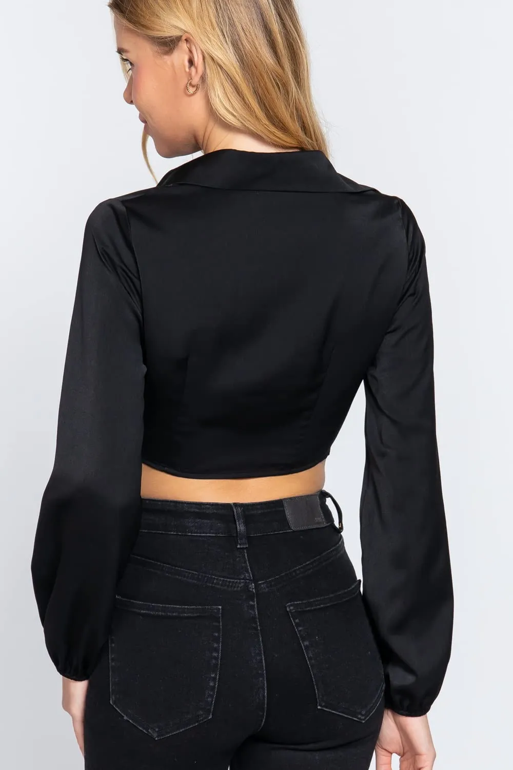 Women's Long Sleeve Notched Collar Front Twisted Crop Woven Top