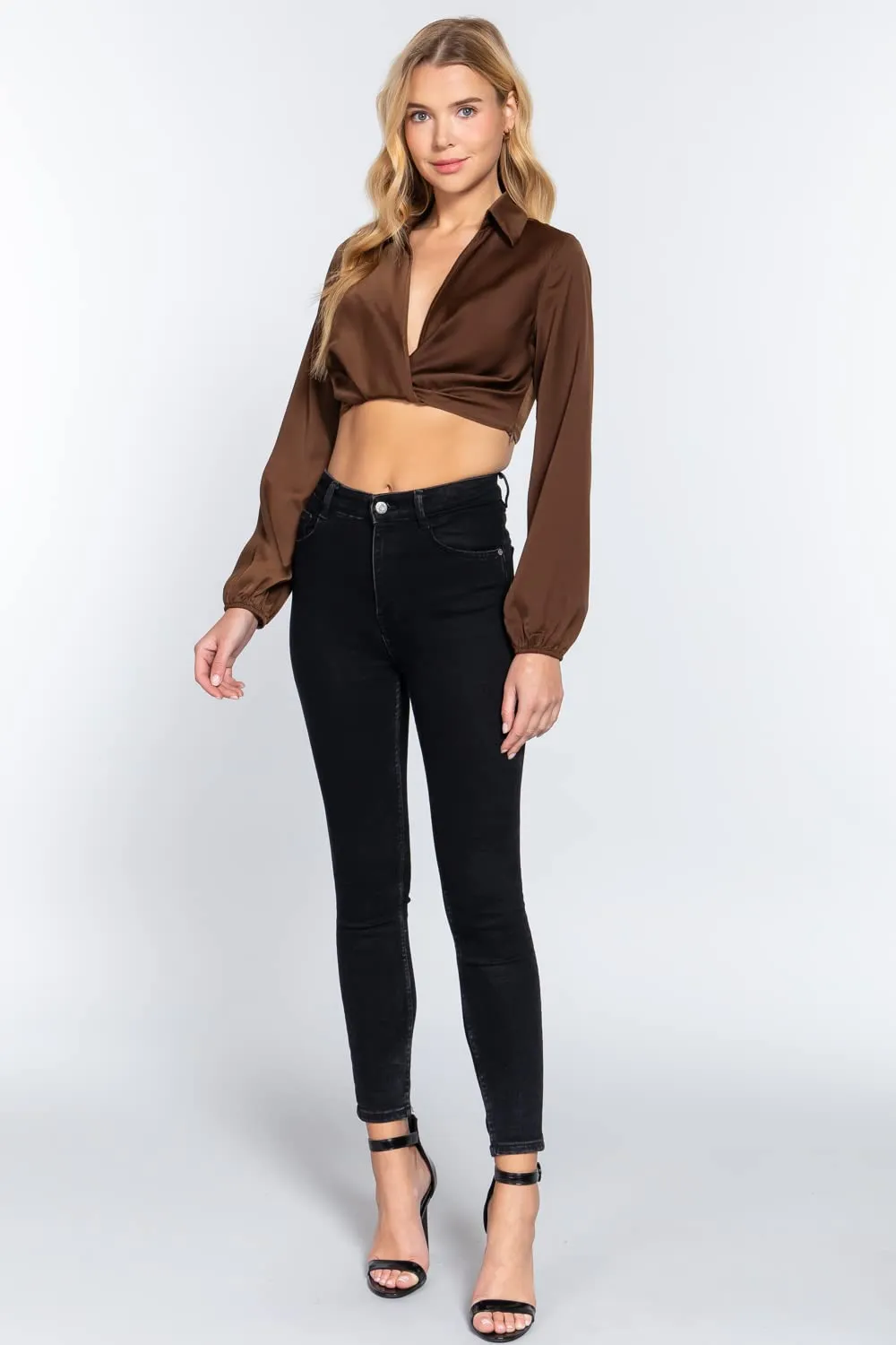 Women's Long Sleeve Notched Collar Front Twisted Crop Woven Top