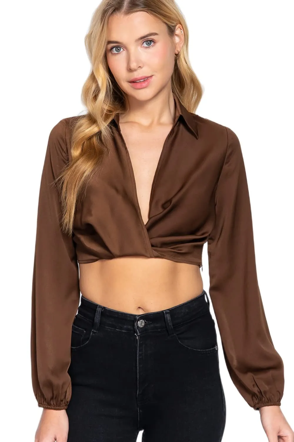 Women's Long Sleeve Notched Collar Front Twisted Crop Woven Top