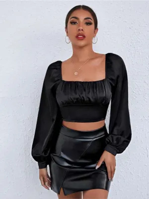 Women's Ruched Shirred Lantern Long Sleeve Square Neck Blouse Crop Satin Top Black Small
