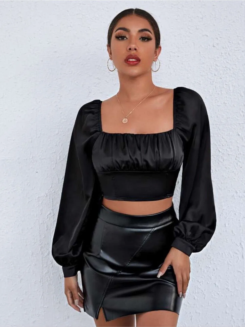 Women's Ruched Shirred Lantern Long Sleeve Square Neck Blouse Crop Satin Top Black Small