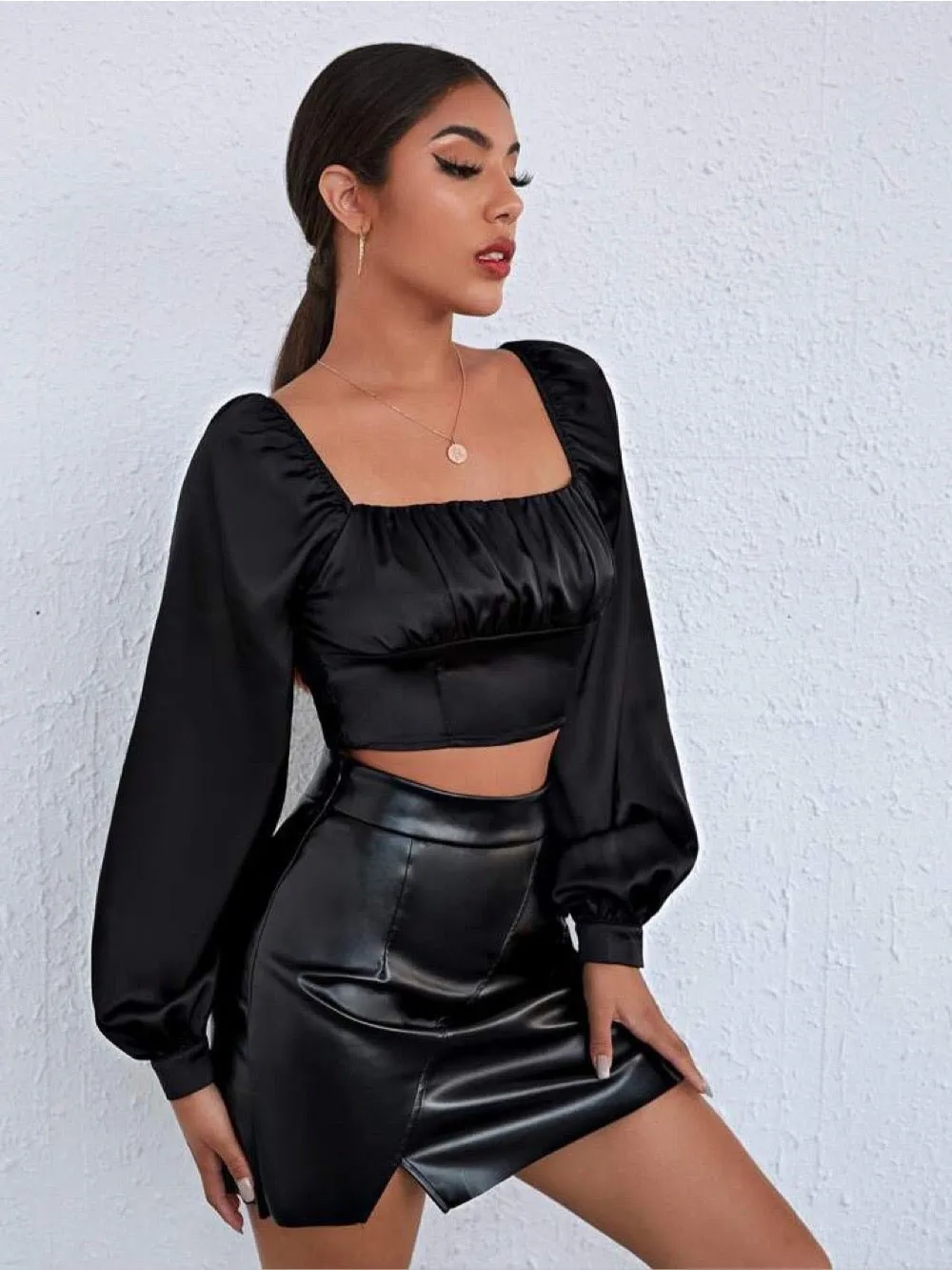 Women's Ruched Shirred Lantern Long Sleeve Square Neck Blouse Crop Satin Top Black Small