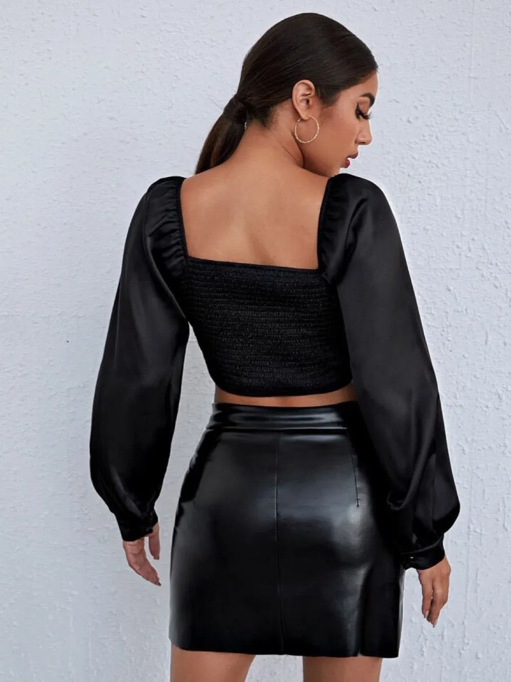 Women's Ruched Shirred Lantern Long Sleeve Square Neck Blouse Crop Satin Top Black Small